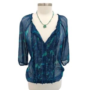 Womens M Blue Green Sheer Boho Blouse V-Neck 3/4 Sleeve Lightweight Top